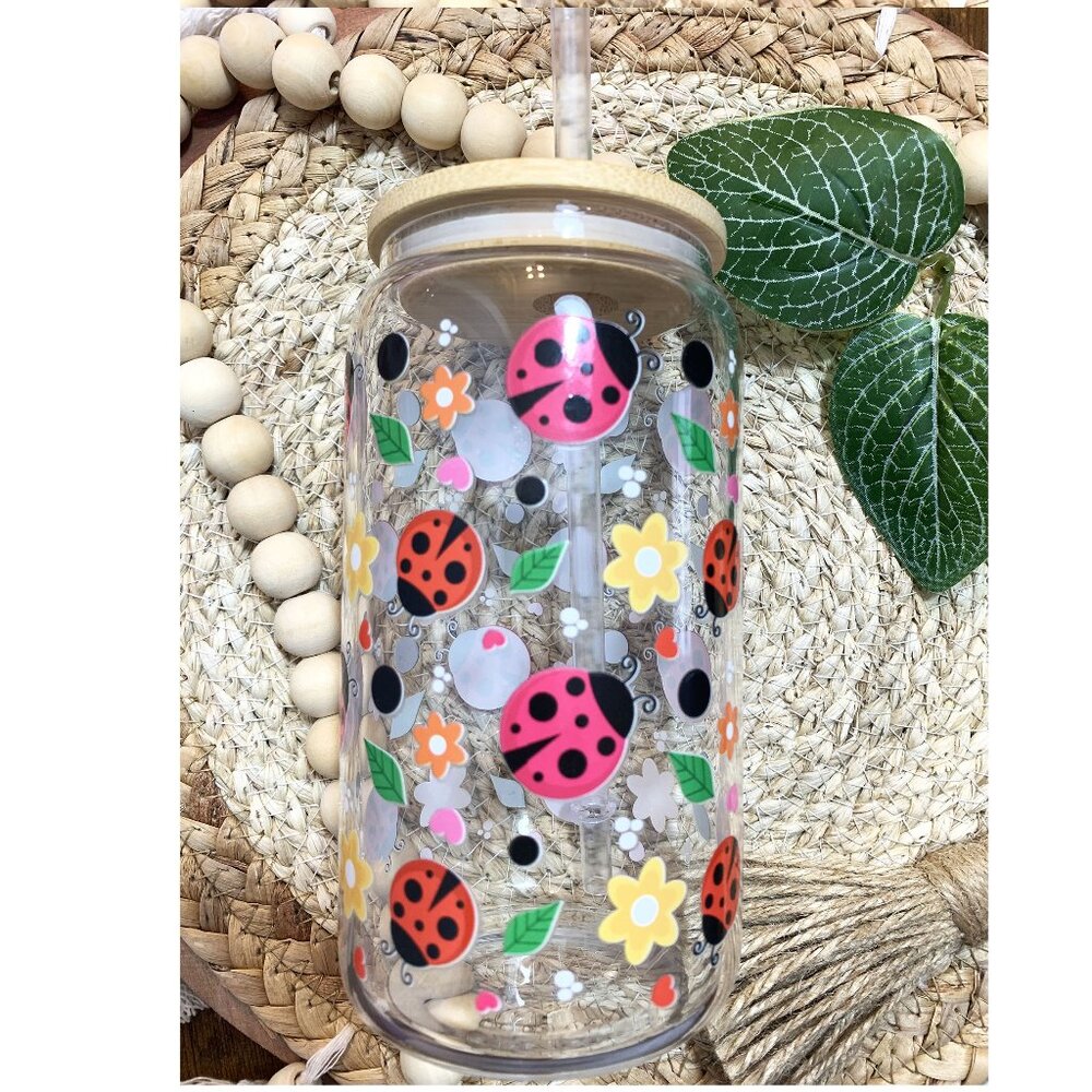Ladybug 16oz Libbey glass cup, iced coffee drinking glass